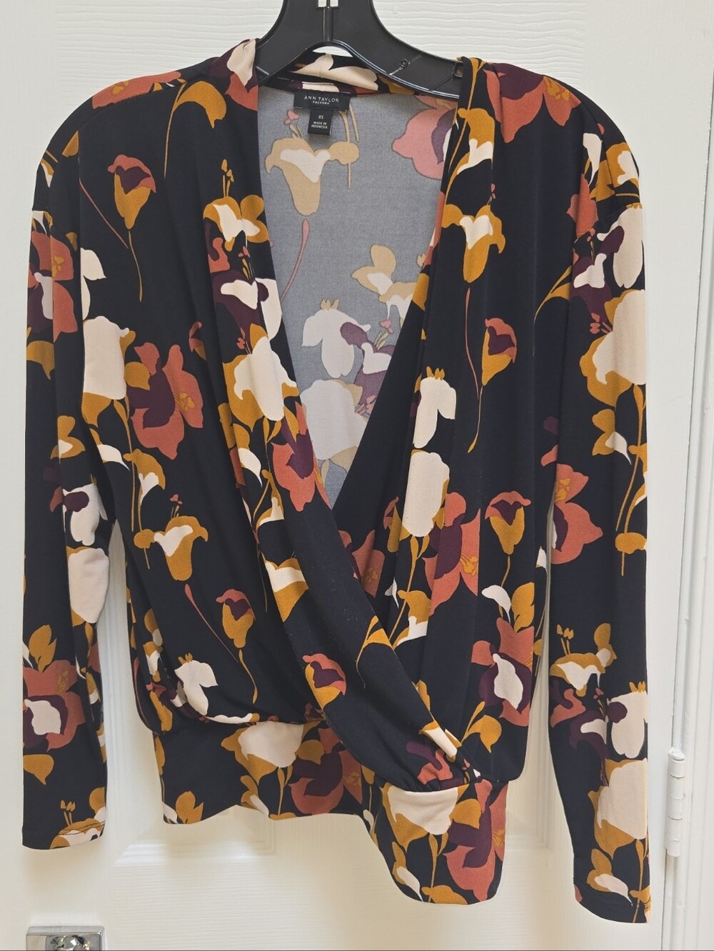 Ann Taylor Factory Black Floral Wrap-Front Long Sleeve Blouse